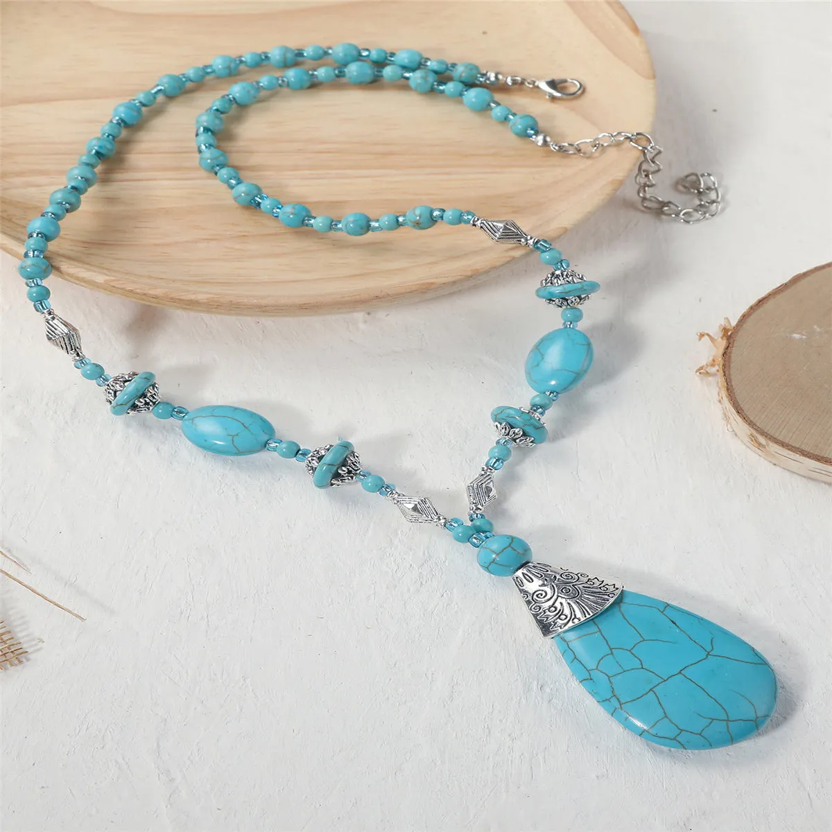 Turquoise & Silver-Plated Drop Pendant Necklace