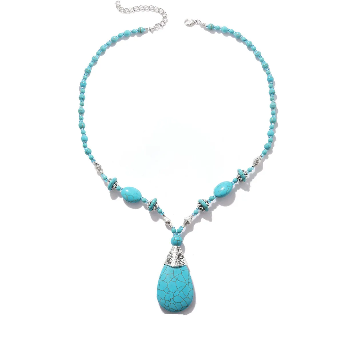 Turquoise & Silver-Plated Drop Pendant Necklace
