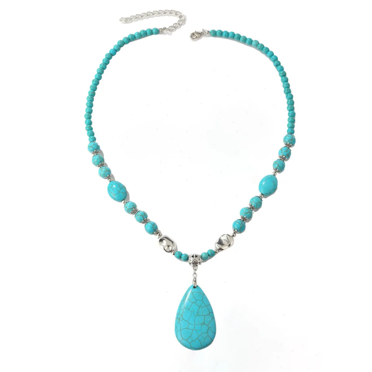 Turquoise & Silver-Plated Drop Pendant Necklace