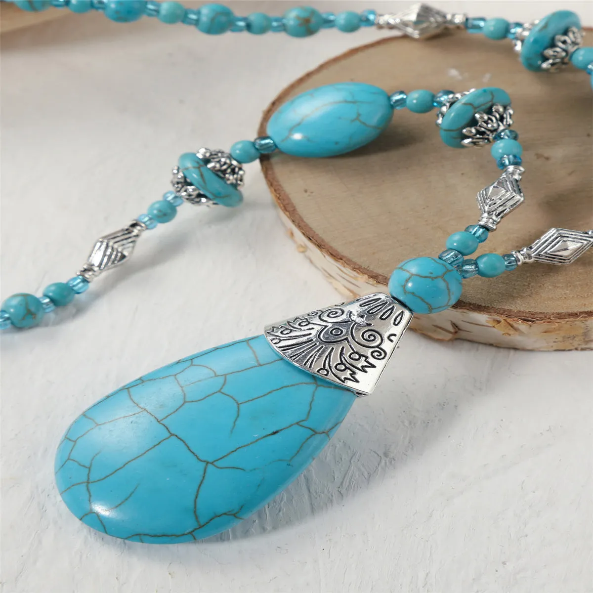 Turquoise & Silver-Plated Drop Pendant Necklace