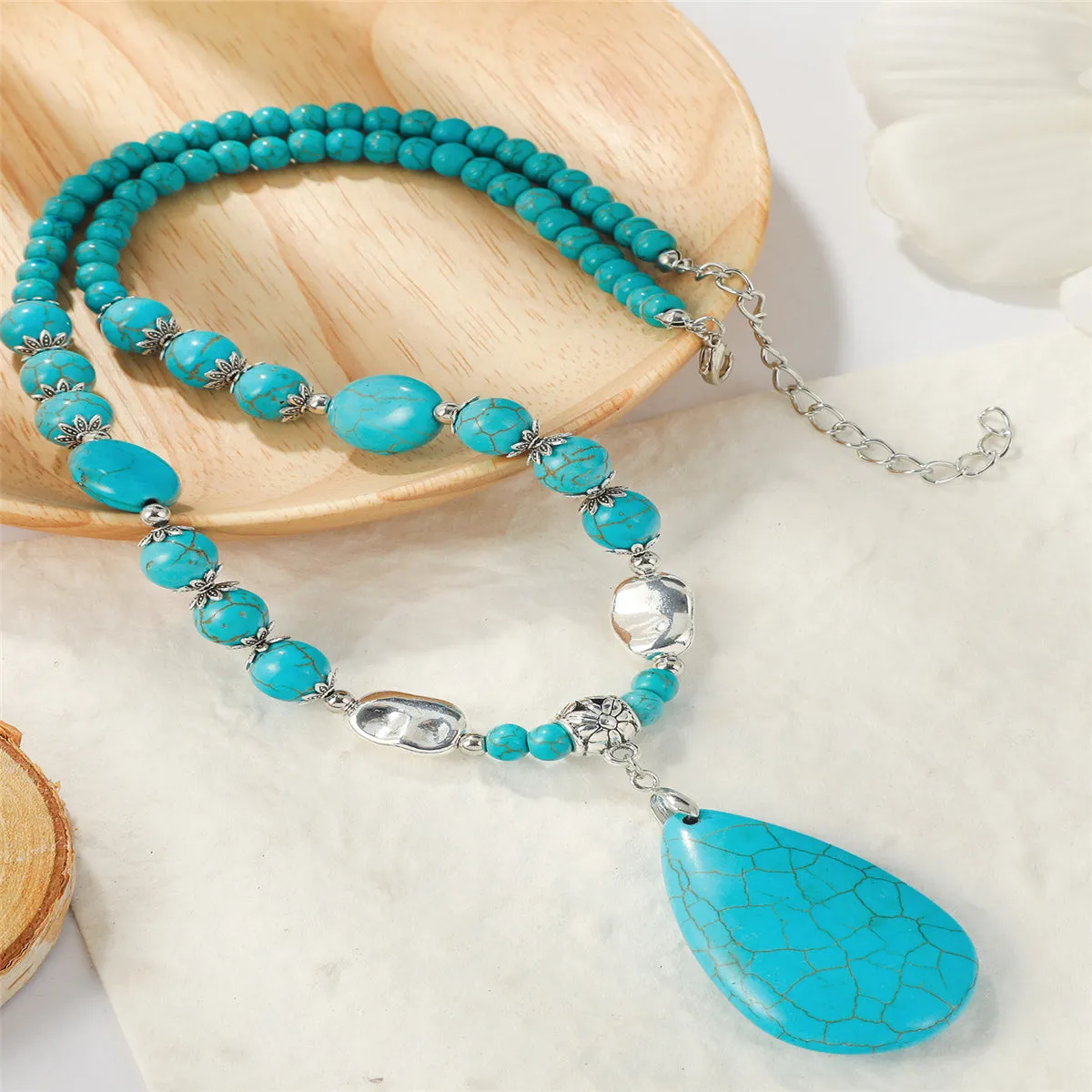Turquoise & Silver-Plated Drop Pendant Necklace