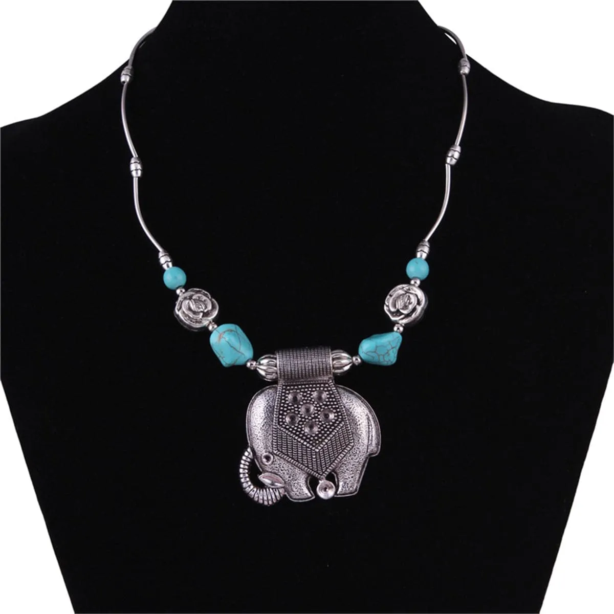 Turquoise & Silver-Plated Elephant Pendant Necklace
