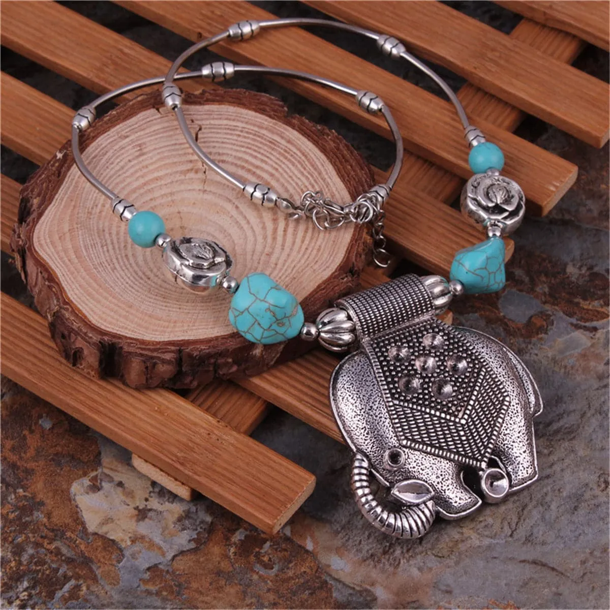 Turquoise & Silver-Plated Elephant Pendant Necklace