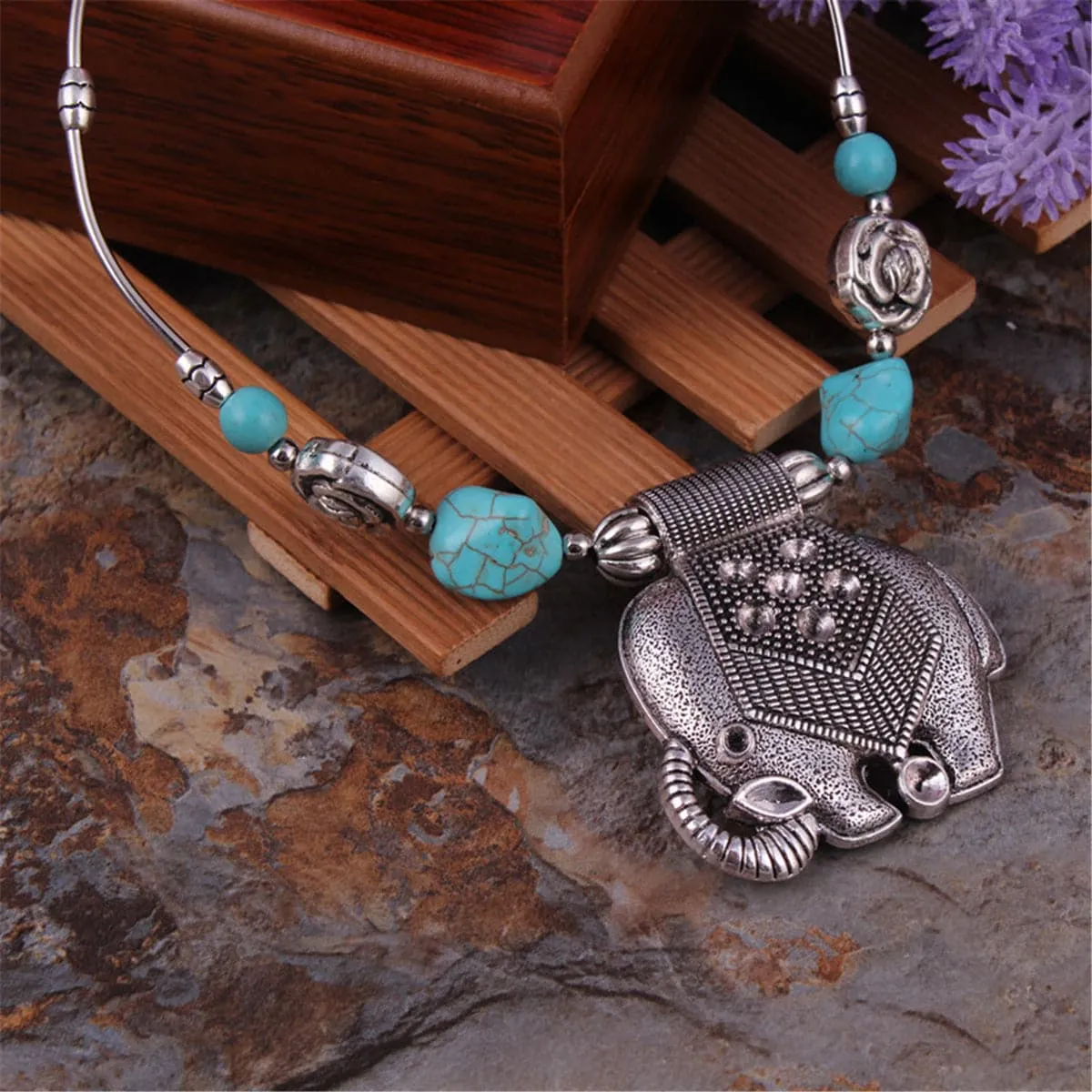 Turquoise & Silver-Plated Elephant Pendant Necklace