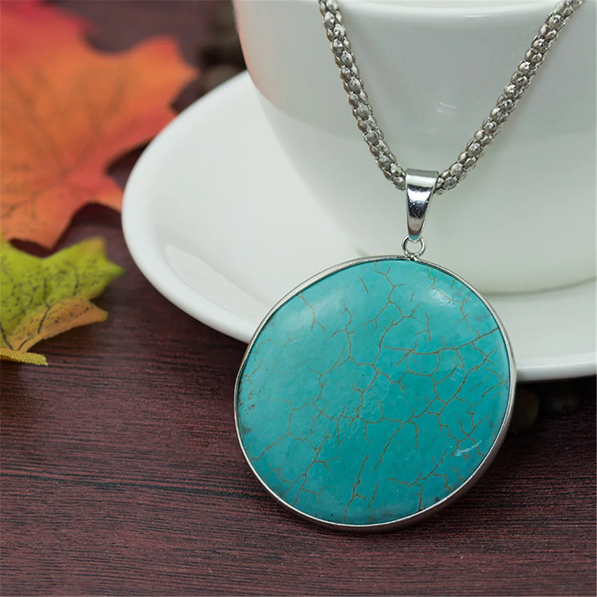 Turquoise & Silver-Plated Round Pendant Necklace