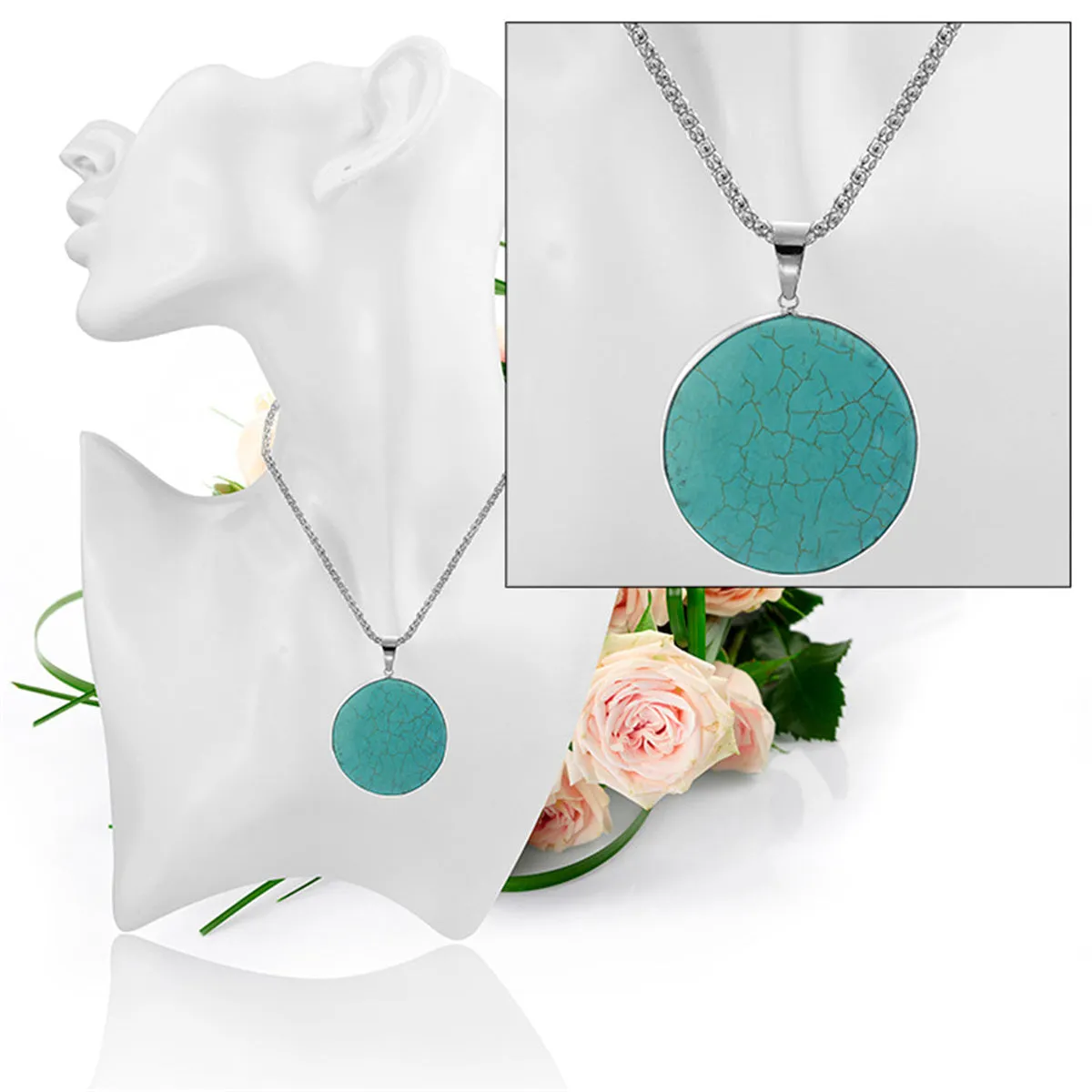 Turquoise & Silver-Plated Round Pendant Necklace