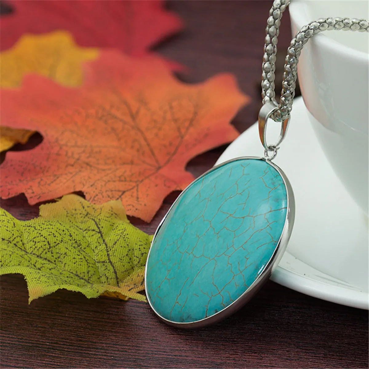 Turquoise & Silver-Plated Round Pendant Necklace