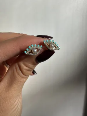 Turquoise Pearl & Diamond Eye Earrings