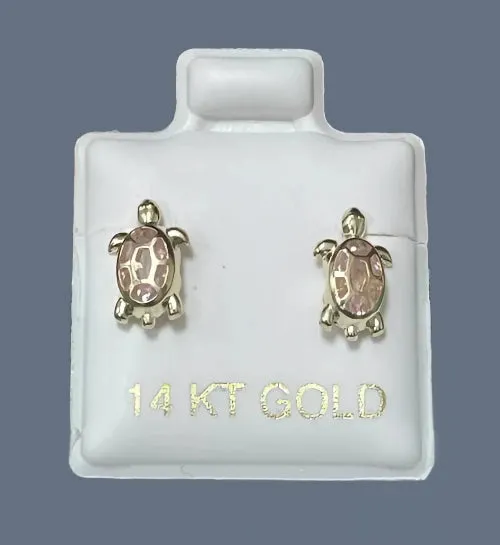Turtle Stud Earrings 14K Solid Yellow Gold With Safety Backing