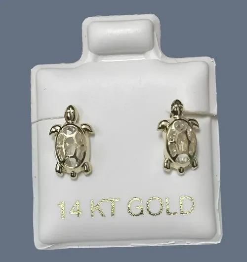 Turtle Stud Earrings 14K Solid Yellow Gold With Safety Backing