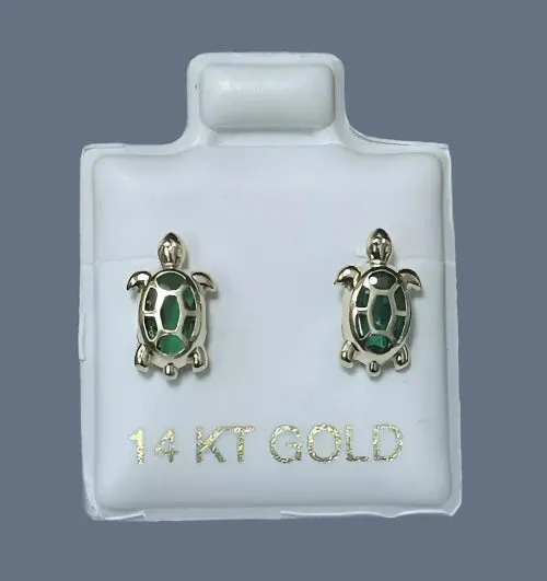 Turtle Stud Earrings 14K Solid Yellow Gold With Safety Backing