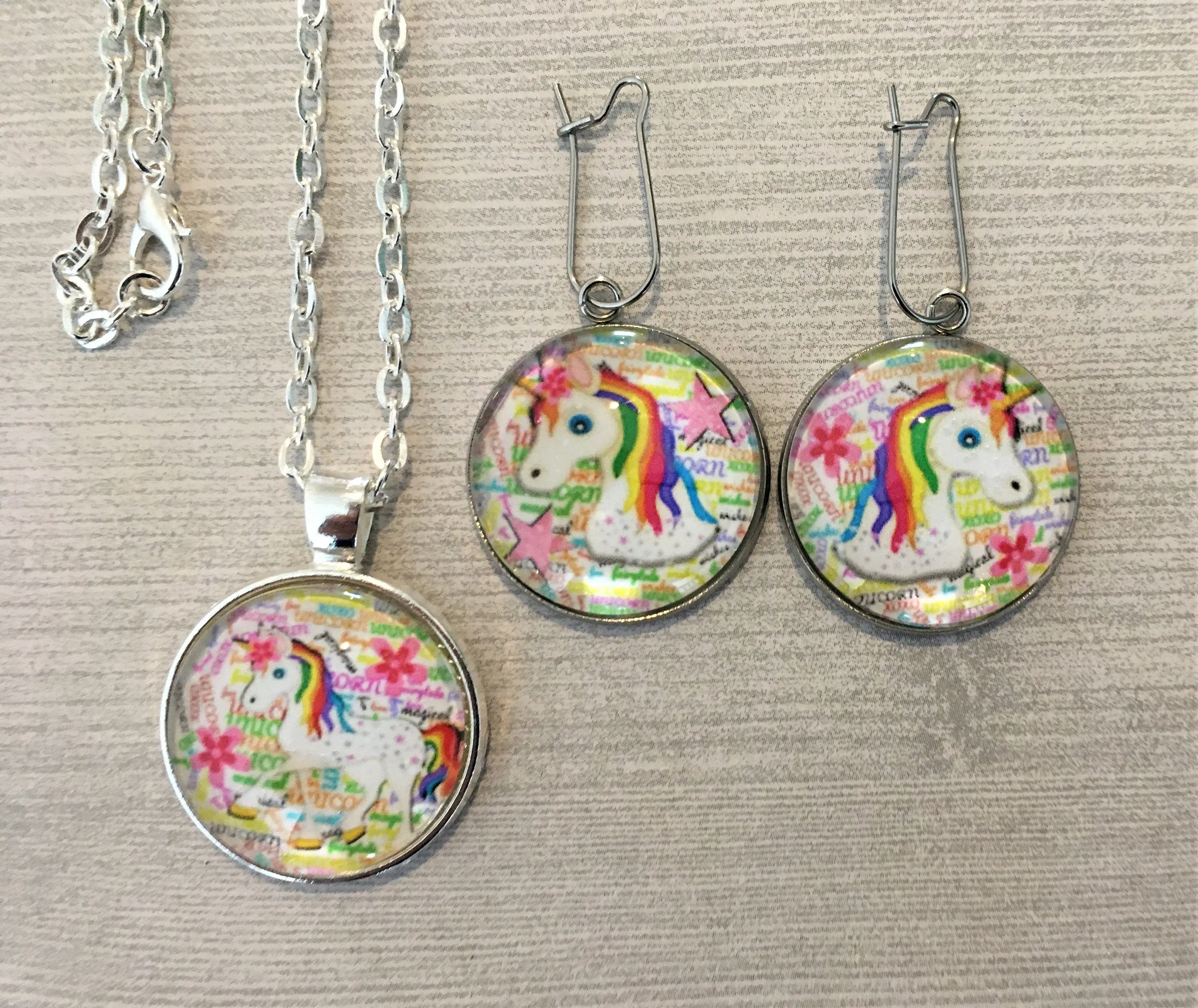 Unicorn Jewelry Set, Necklace and Earrings