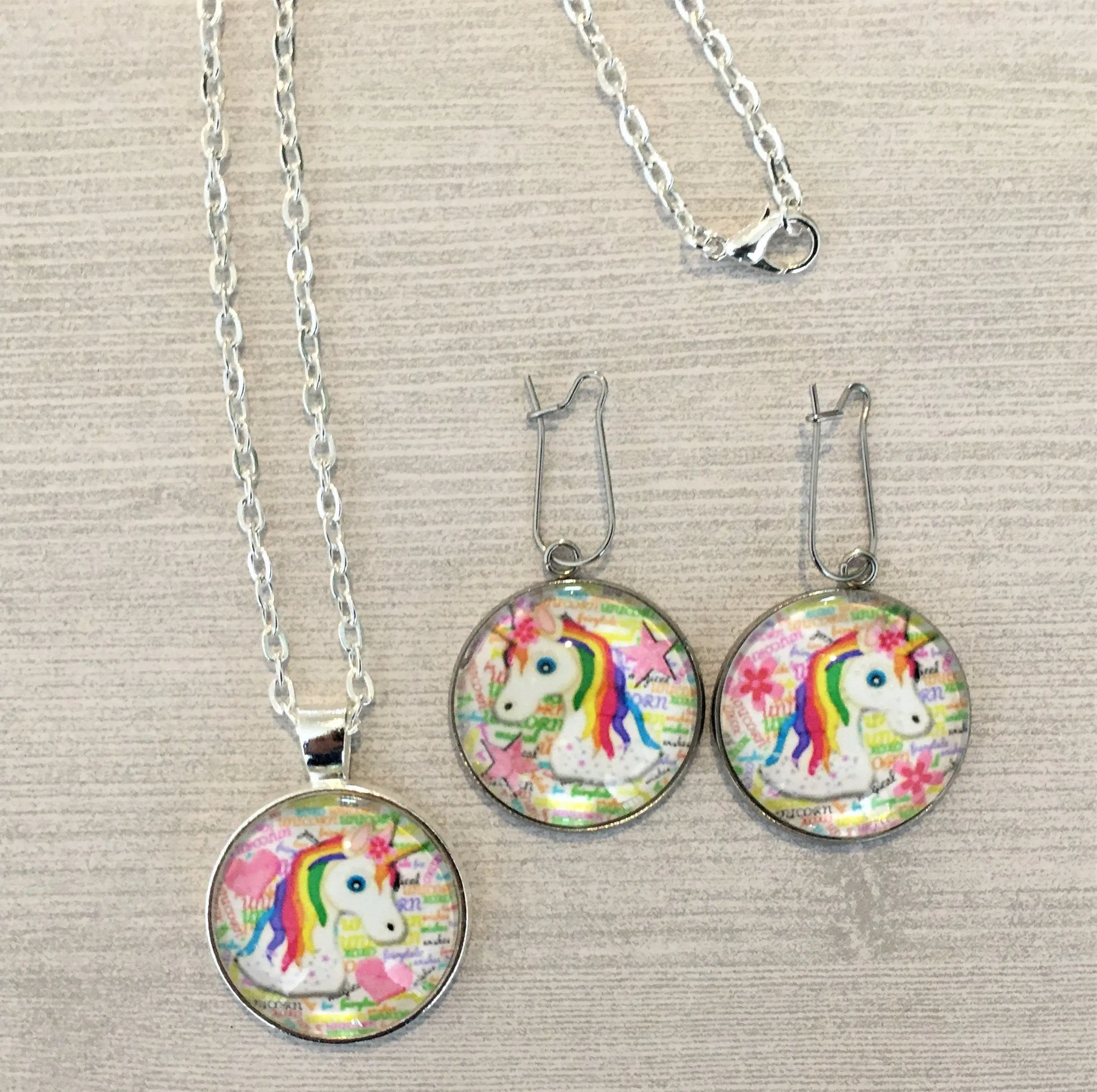 Unicorn Jewelry Set, Necklace and Earrings
