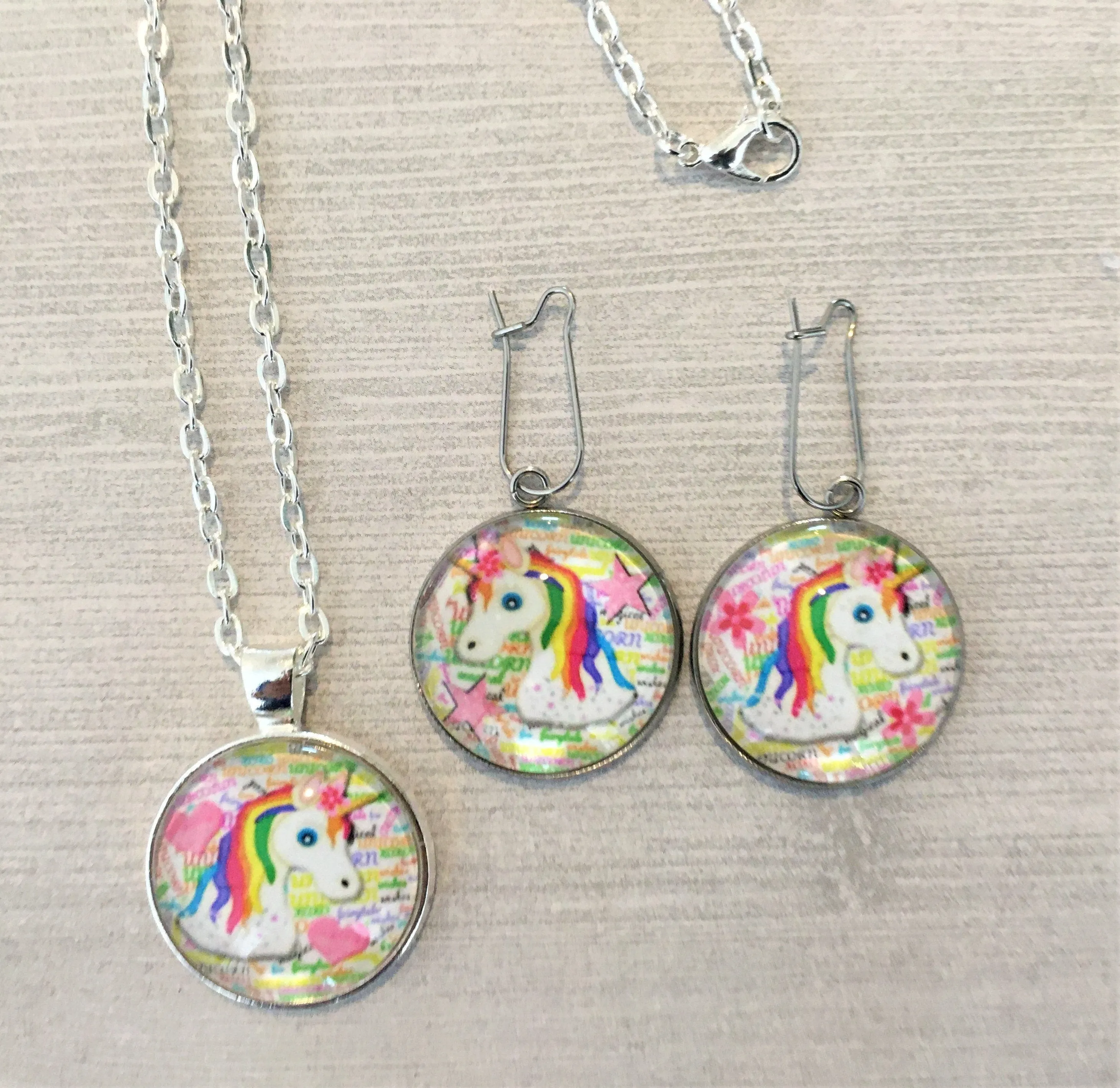 Unicorn Jewelry Set, Necklace and Earrings