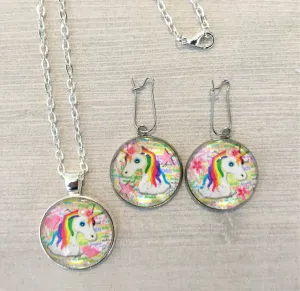 Unicorn Jewelry Set, Necklace and Earrings