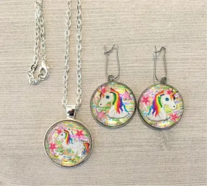 Unicorn Jewelry Set, Necklace and Earrings