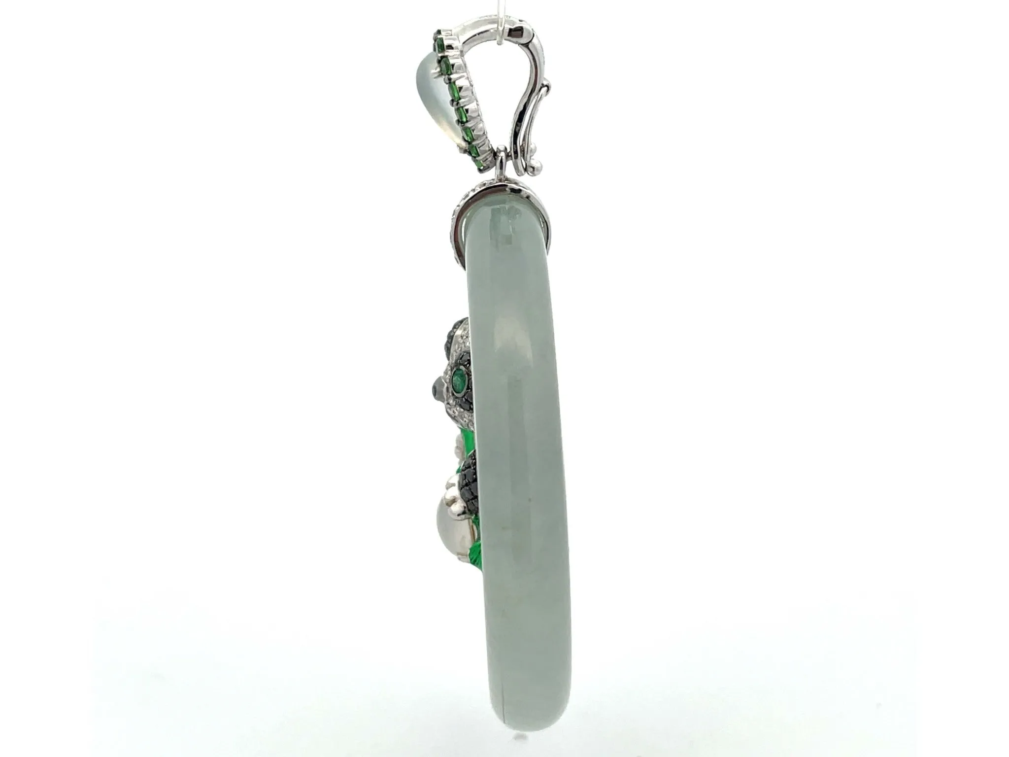 Unique Large Round Jade, Diamond, Emerald & Moonstone Panda Pendant in 18K Gold