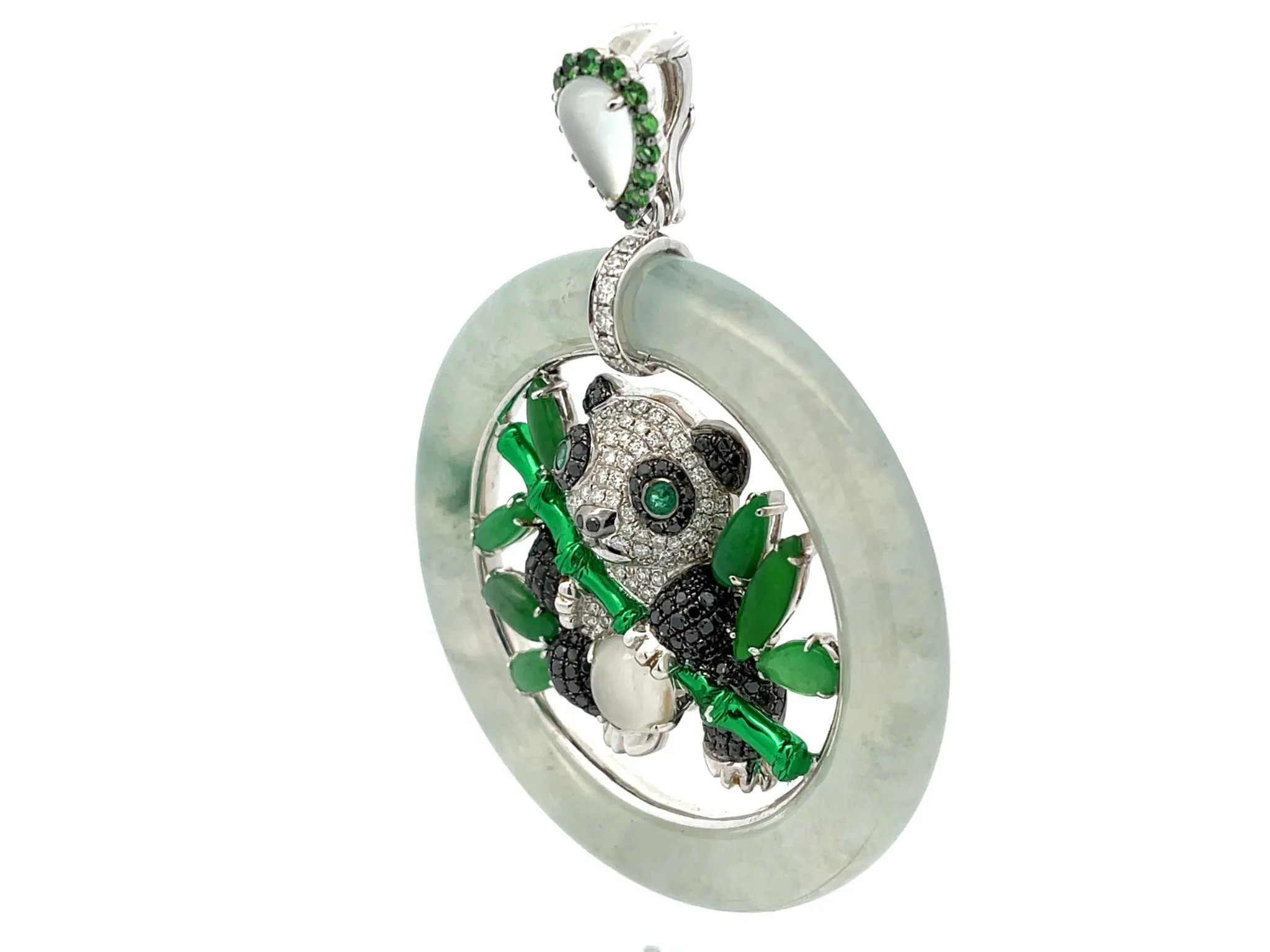 Unique Large Round Jade, Diamond, Emerald & Moonstone Panda Pendant in 18K Gold