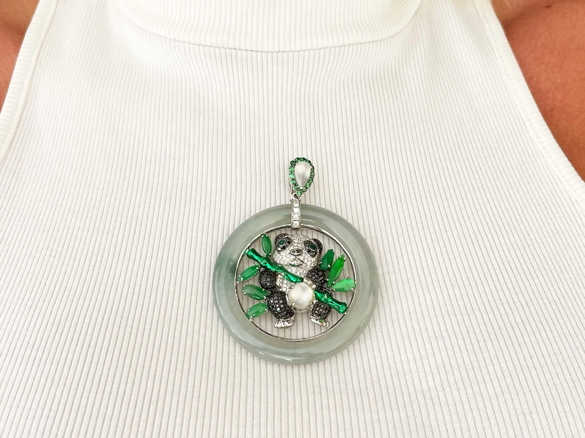 Unique Large Round Jade, Diamond, Emerald & Moonstone Panda Pendant in 18K Gold