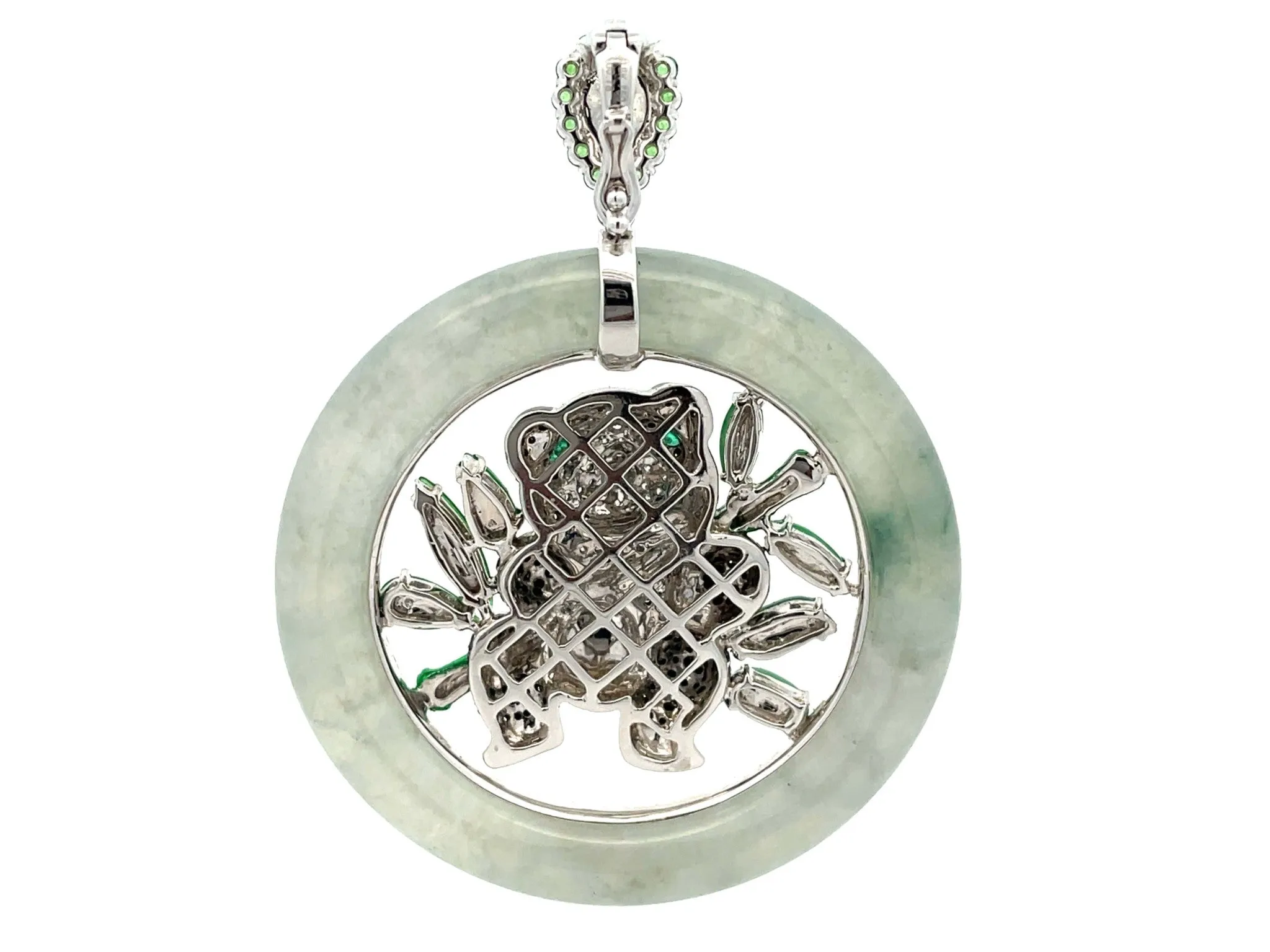 Unique Large Round Jade, Diamond, Emerald & Moonstone Panda Pendant in 18K Gold