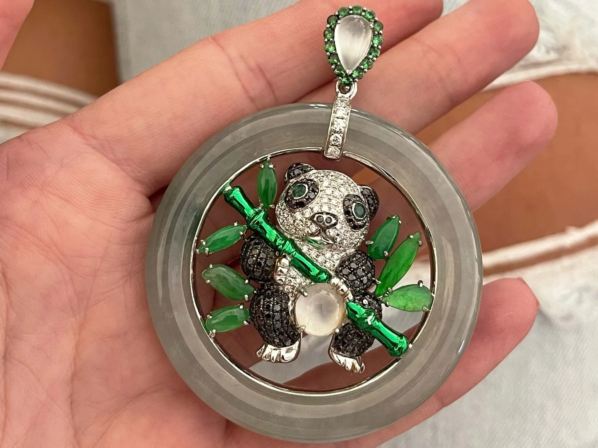 Unique Large Round Jade, Diamond, Emerald & Moonstone Panda Pendant in 18K Gold