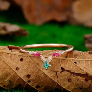 Unique Marquise Ruby Leaf Curved Stacking Sliver Ring