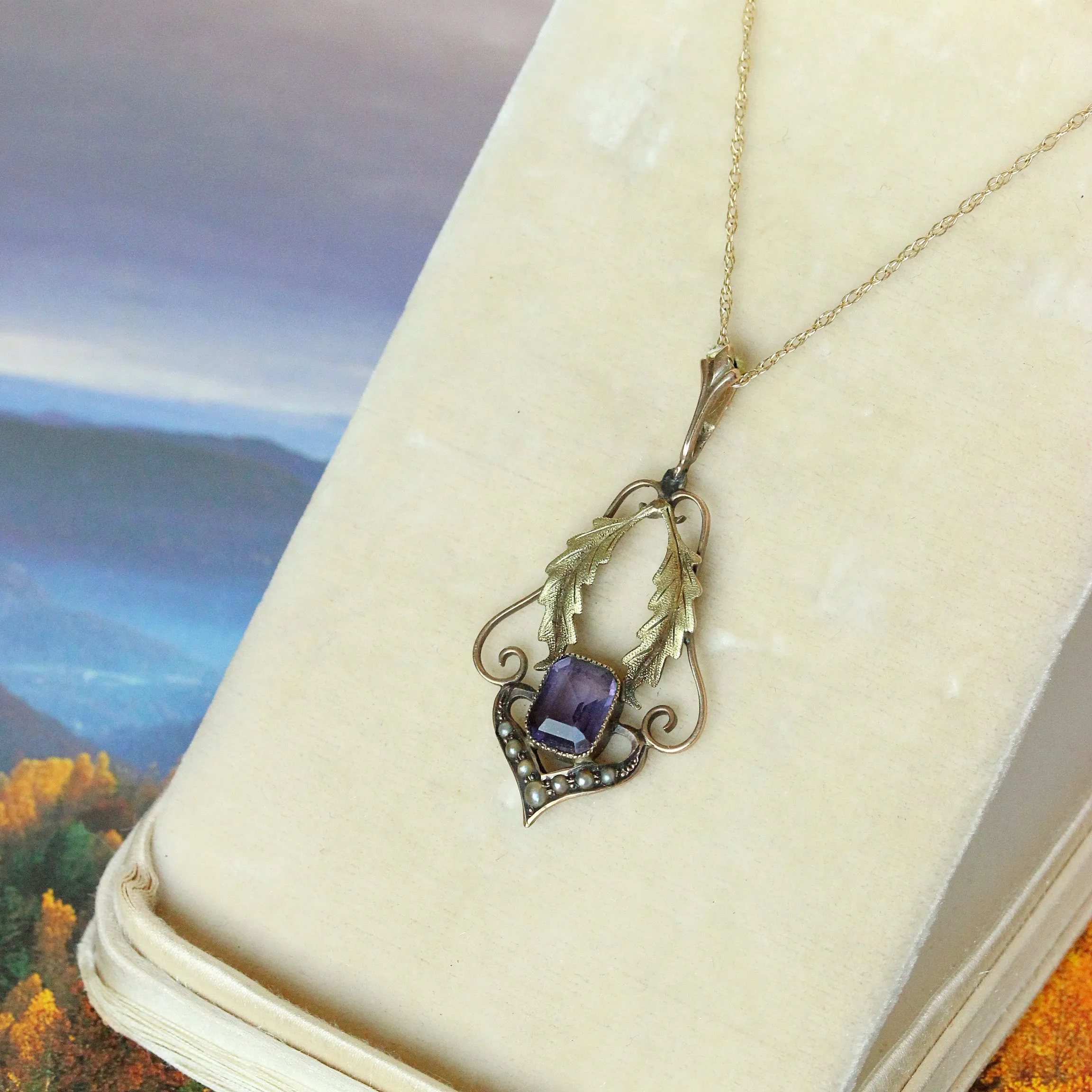 Victorian Amethyst & Two Tone Gold Leafy Pendant, 10k