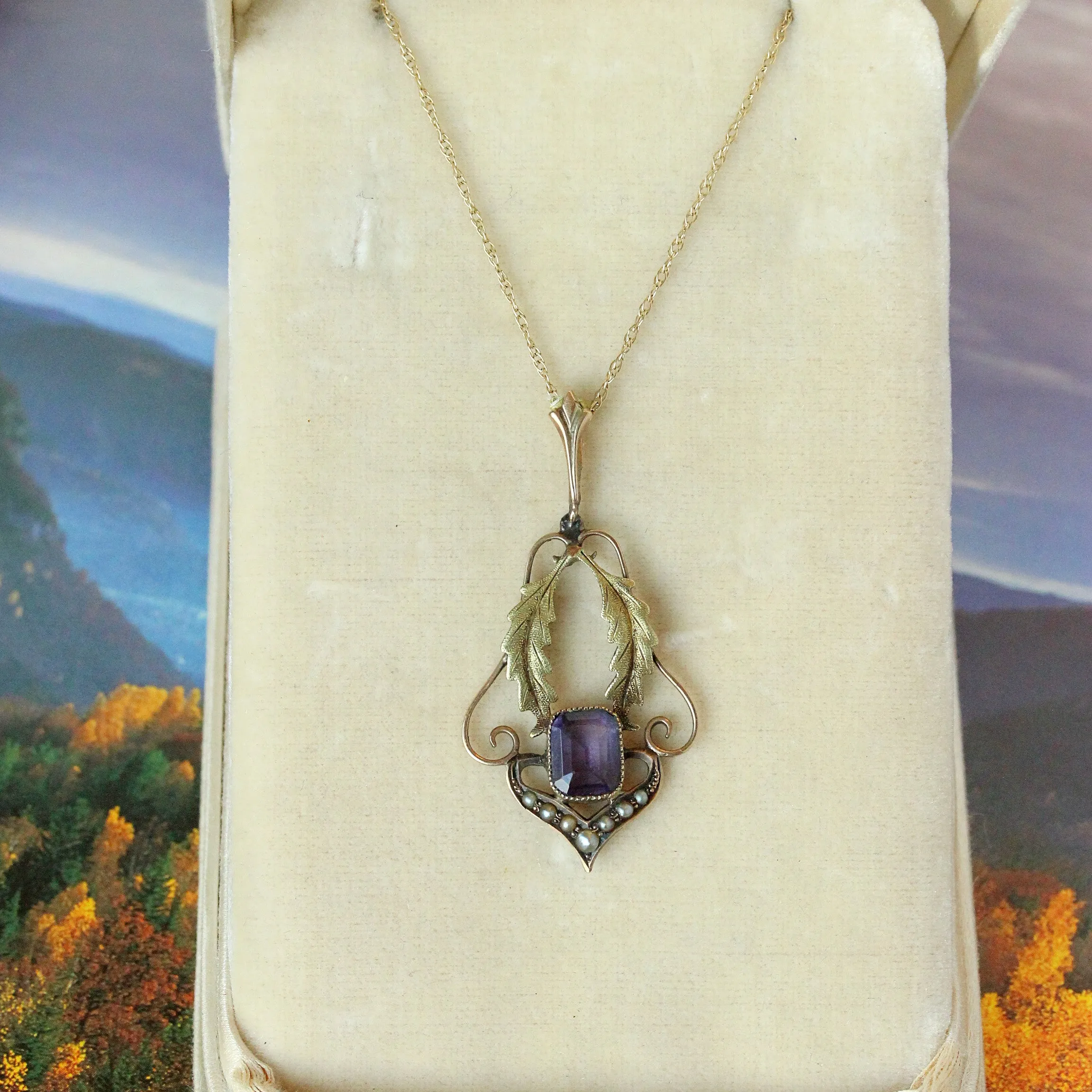 Victorian Amethyst & Two Tone Gold Leafy Pendant, 10k