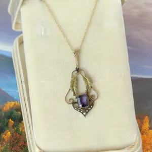 Victorian Amethyst & Two Tone Gold Leafy Pendant, 10k