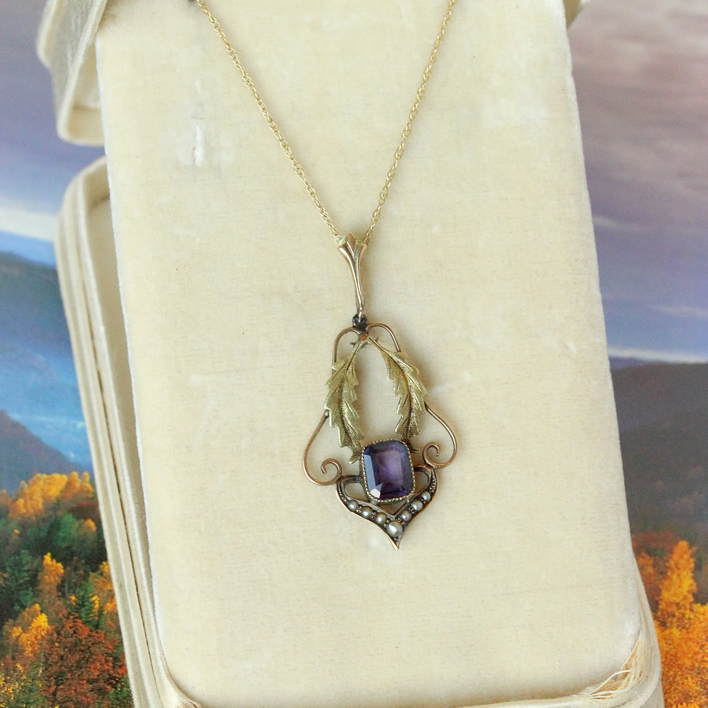 Victorian Amethyst & Two Tone Gold Leafy Pendant, 10k