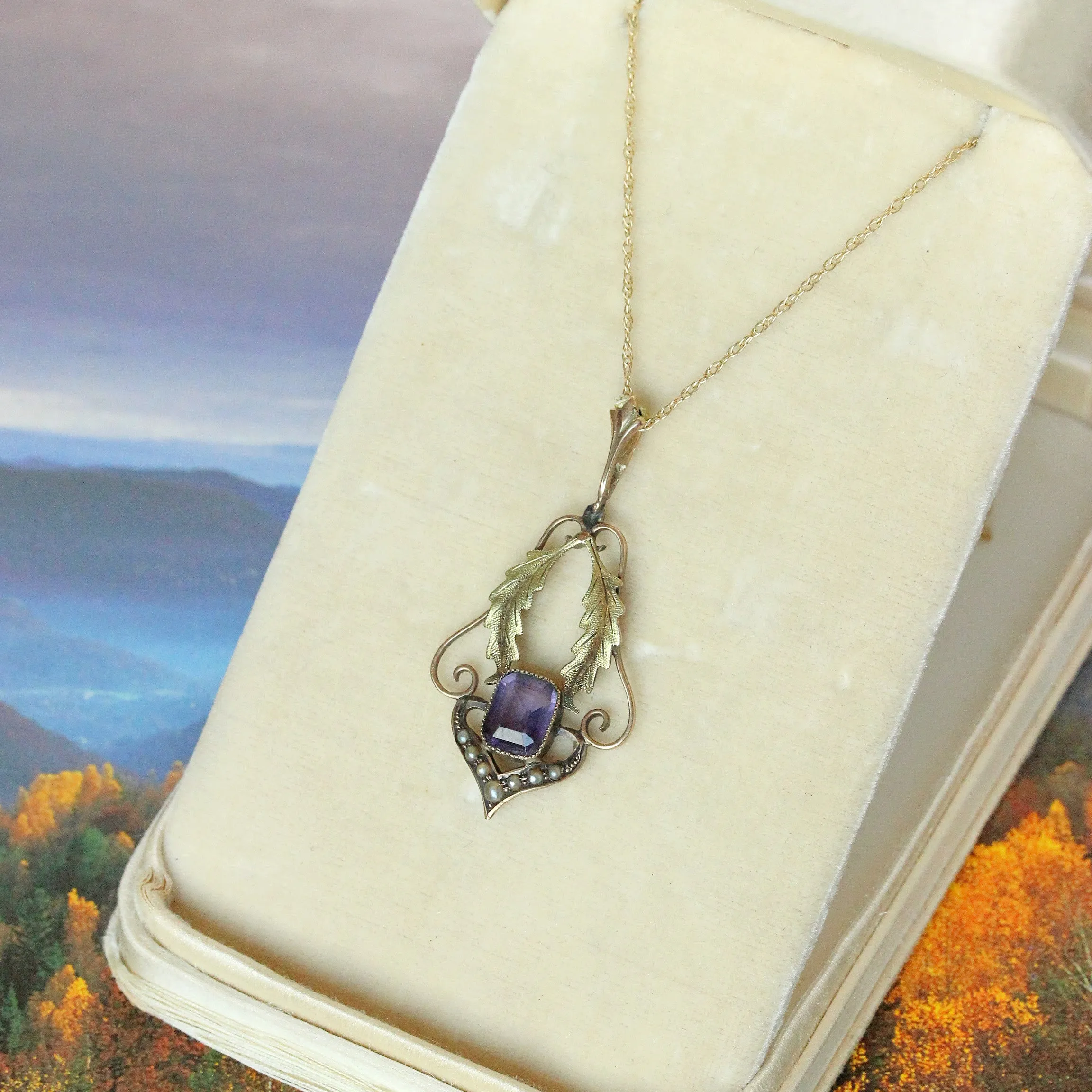 Victorian Amethyst & Two Tone Gold Leafy Pendant, 10k
