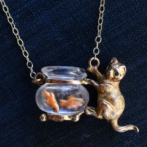 Victorian Cat & Goldfish Novelty Pendant