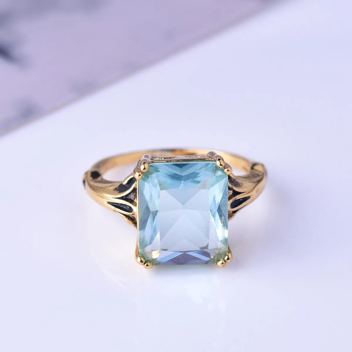 Vintage Aquarmarine Gemstone Ring 14K Yellow Gold Women Engagement Jewelry
