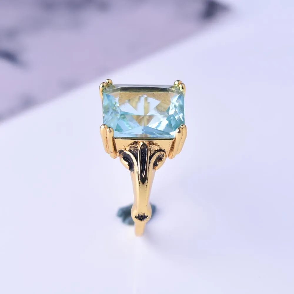 Vintage Aquarmarine Gemstone Ring 14K Yellow Gold Women Engagement Jewelry
