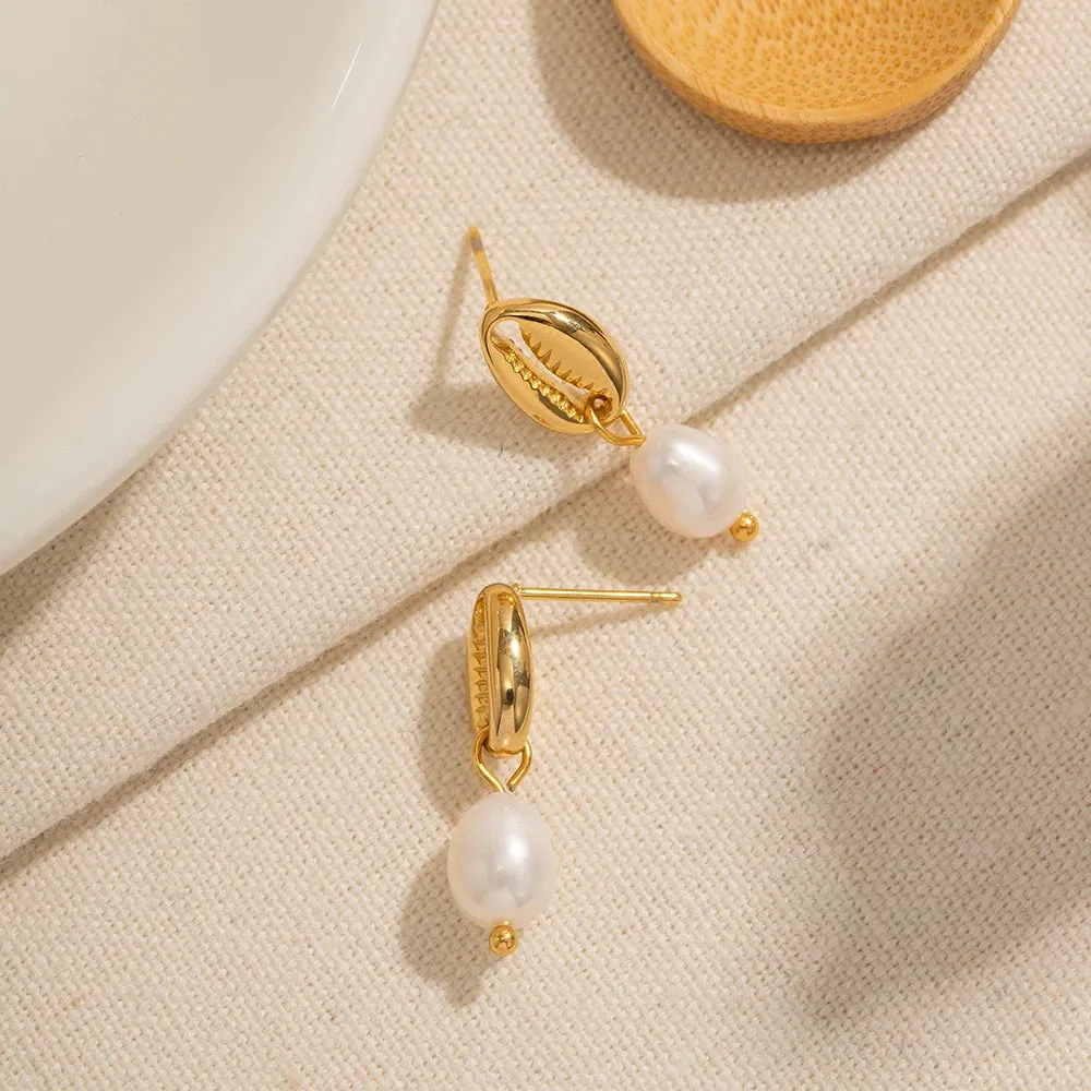 Vintage Shell Stud Design Pearl Drop Earrings