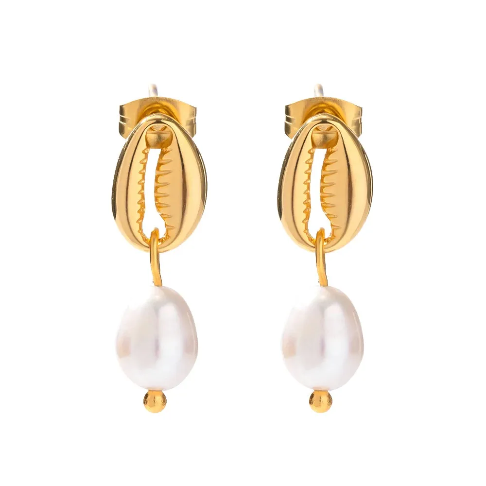 Vintage Shell Stud Design Pearl Drop Earrings