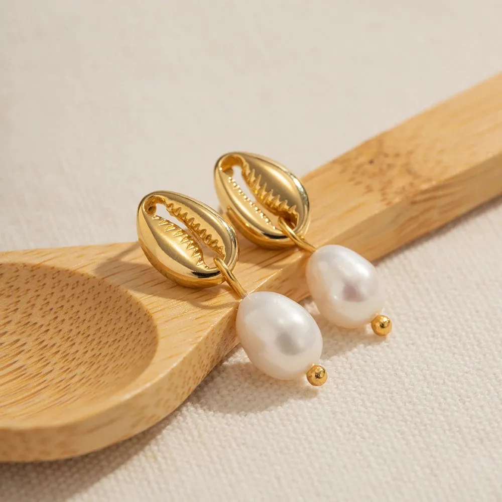 Vintage Shell Stud Design Pearl Drop Earrings