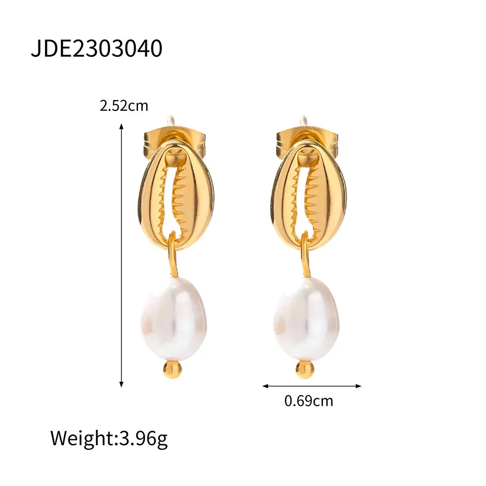 Vintage Shell Stud Design Pearl Drop Earrings