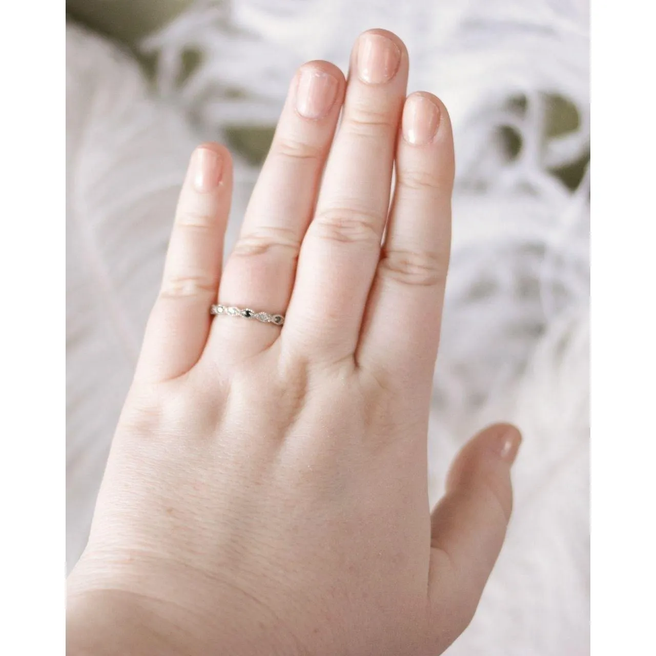 Vintage Sterling Silver Milgrain Cubic Zirconia and Sapphire Crystal Stacking Band Eternity Ring