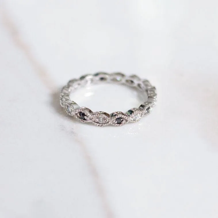 Vintage Sterling Silver Milgrain Cubic Zirconia and Sapphire Crystal Stacking Band Eternity Ring