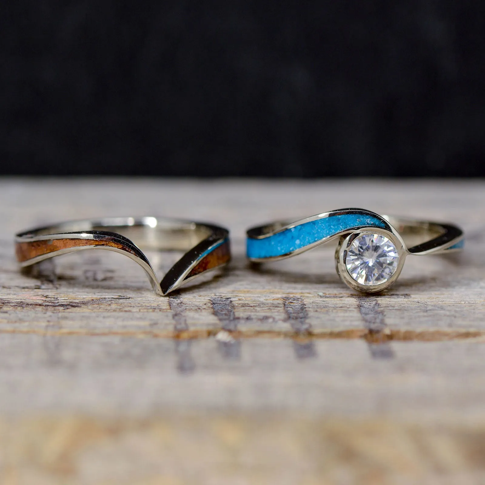 Wavy Diamond Engagement Ring with Rosewood & Turquoise Inlays