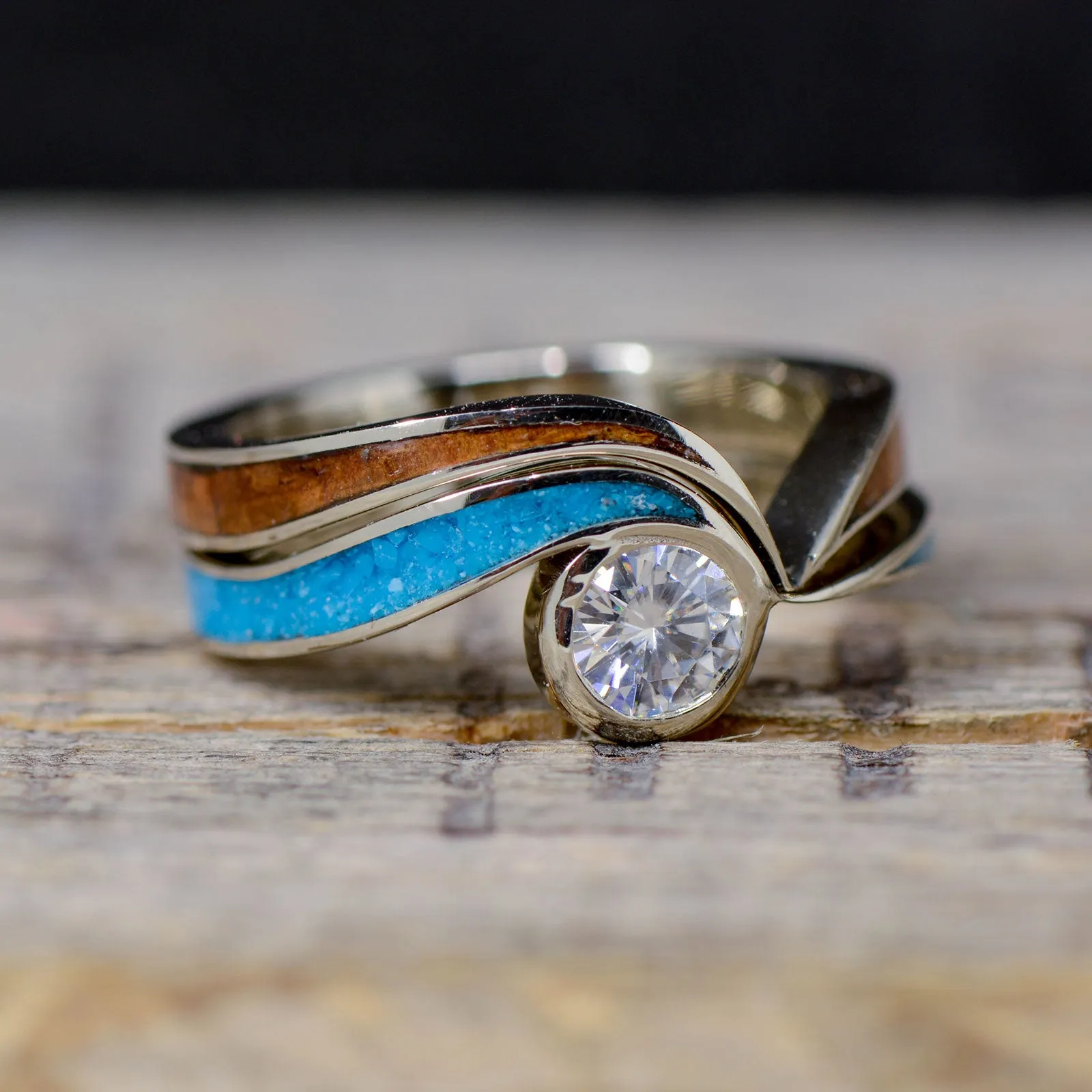 Wavy Diamond Engagement Ring with Rosewood & Turquoise Inlays