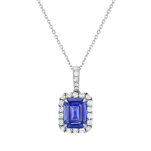 White Gold Halo Pendant Emerald Ceylon Sapphire & Natural Earth Mined Diamond 2 Carats