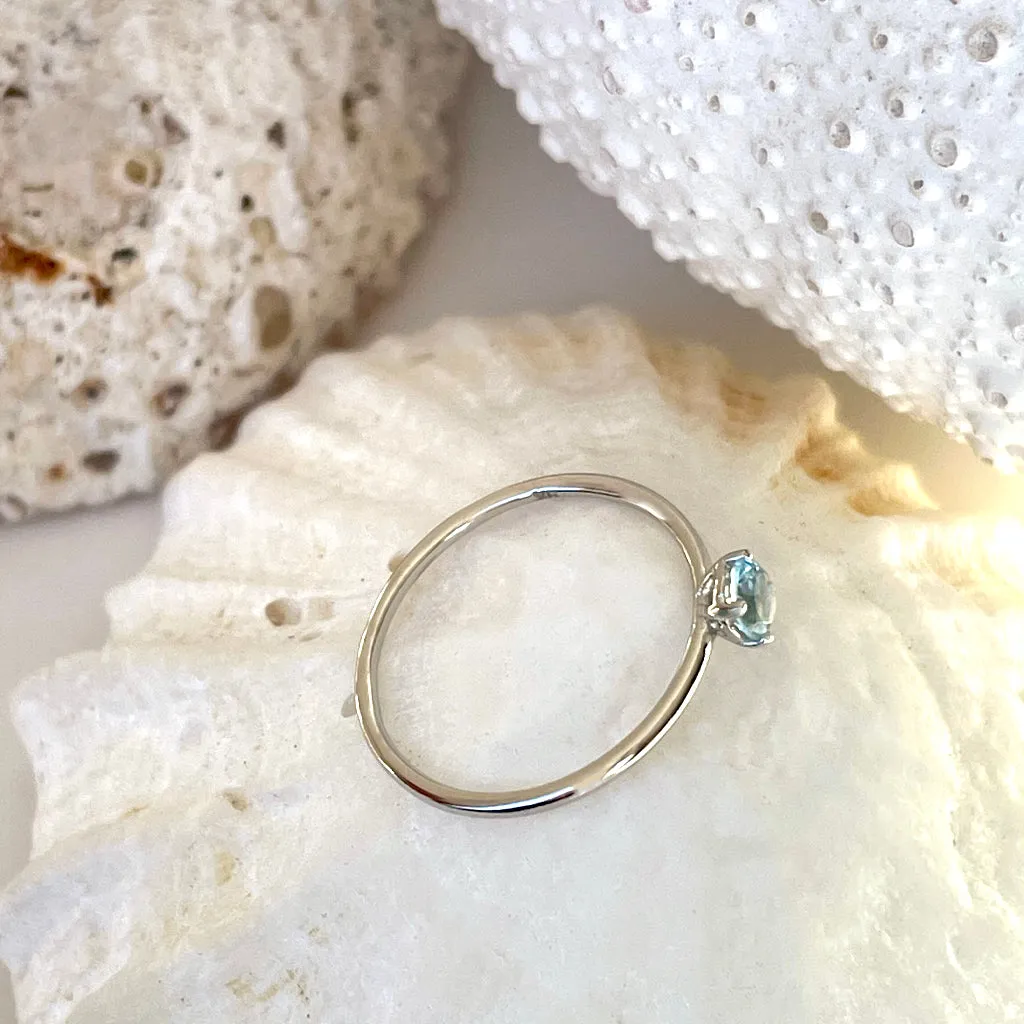 White Gold Raised Four Claw Aquamarine Stacking Ring