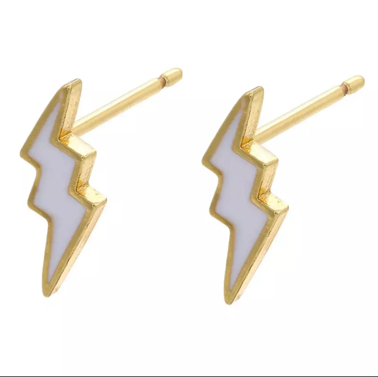 White Lightning Bolt with Gold Border Stud Earrings 200-17 | Erika Williner Designs