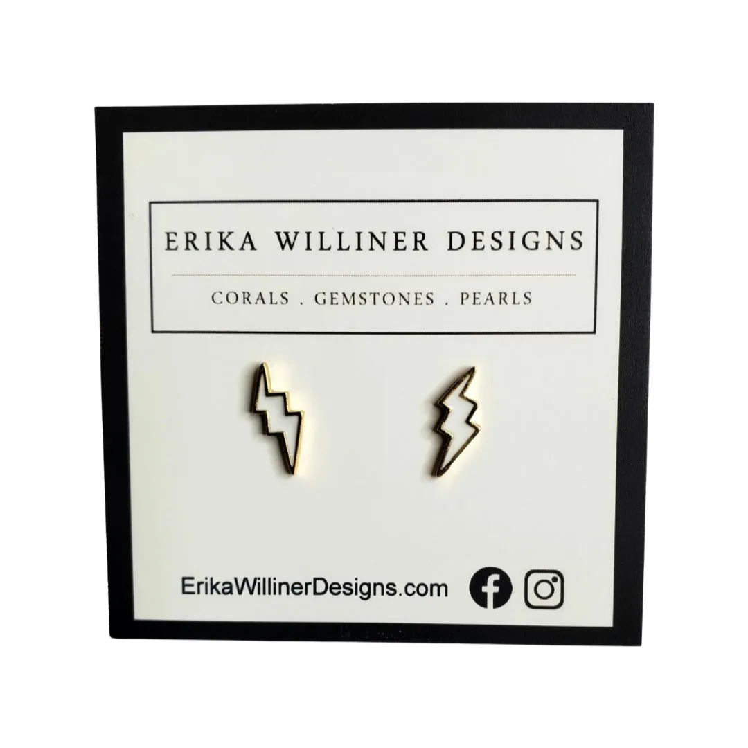 White Lightning Bolt with Gold Border Stud Earrings 200-17 | Erika Williner Designs