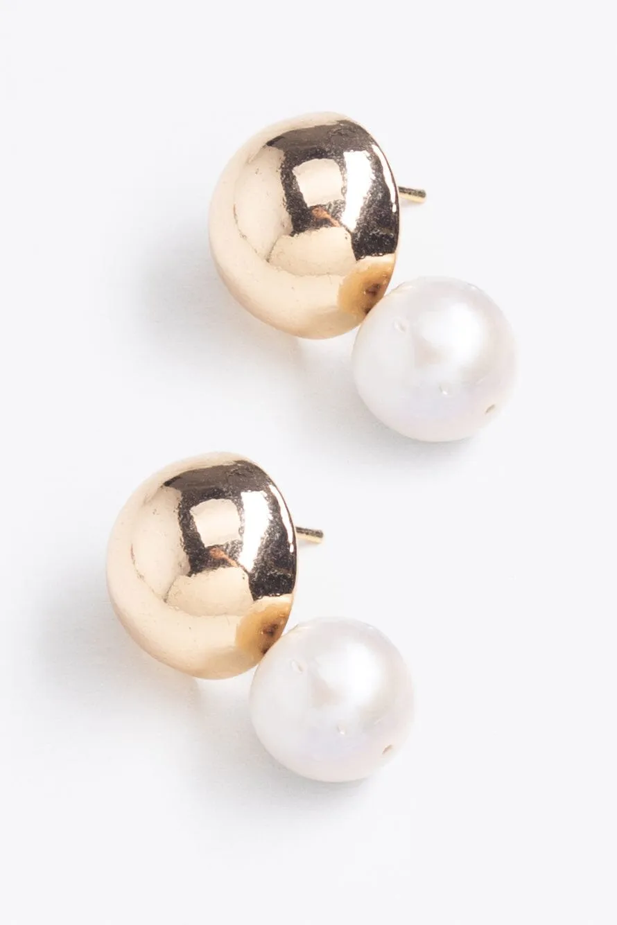White Pearl Gold Drop Stud Earrings