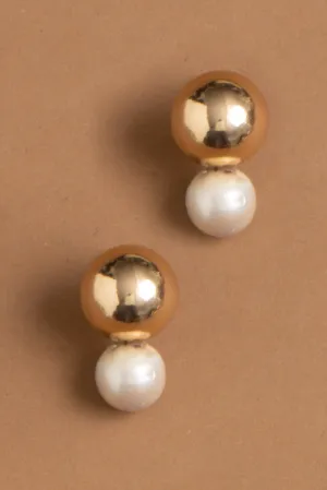 White Pearl Gold Drop Stud Earrings