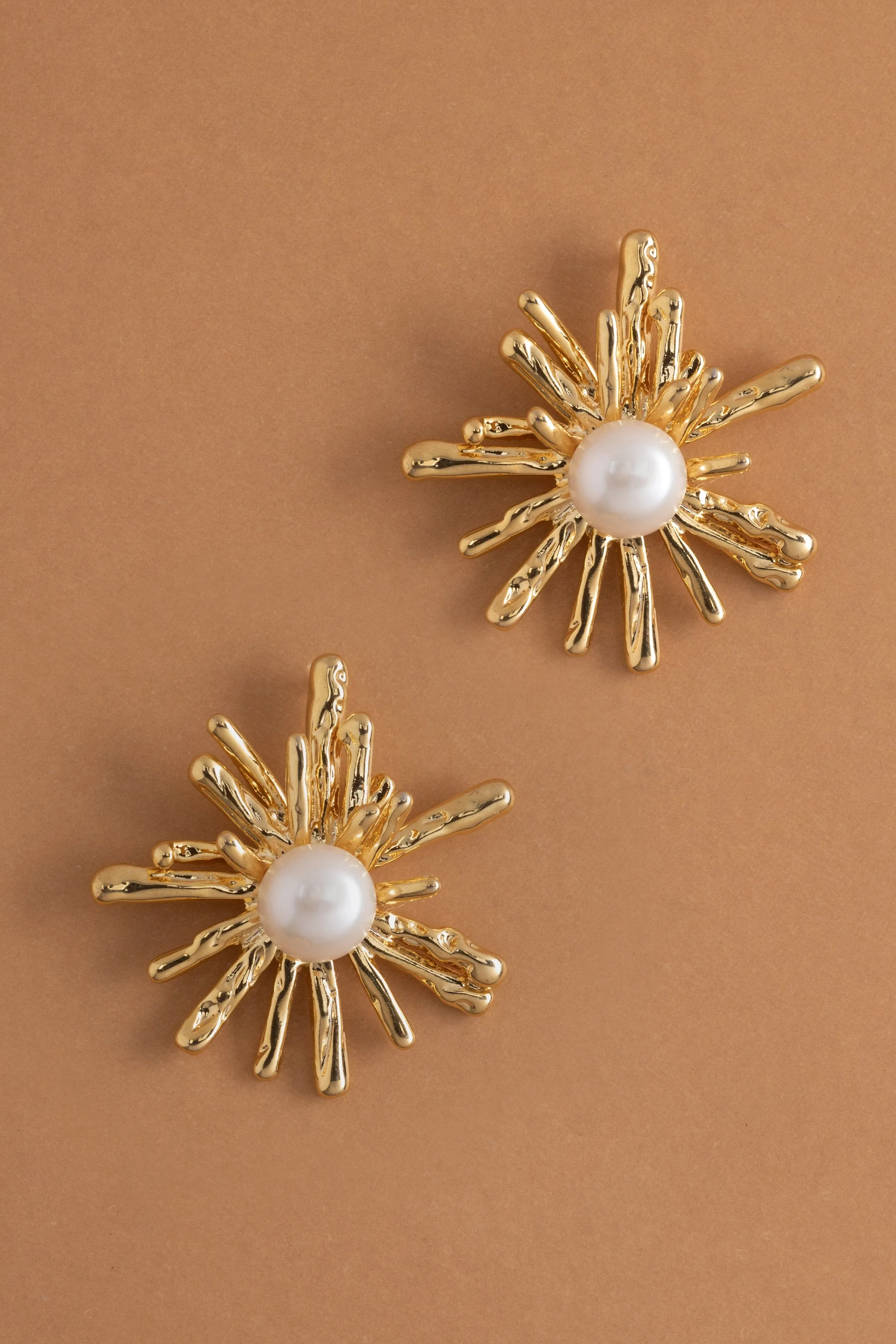 White Pearl Starburst Gold Earrings