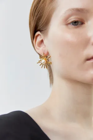 White Pearl Starburst Gold Earrings